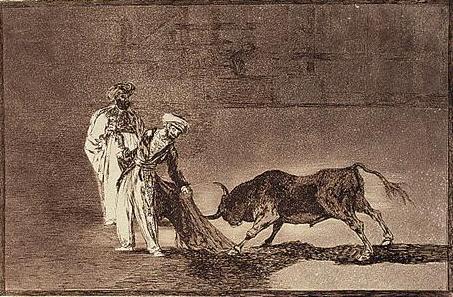 Grabado de Francisco de Goya titulado "Los moros hacen otro capeo en la plaza  con su albornoz"