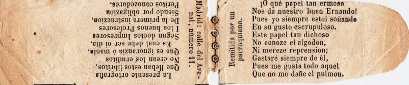 Publicidad antigua de papel de fumar, en forma de papel plegado por la mitad, con sendos versos
      impresos a ambos lados de la doblez.