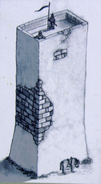Dibujo donde se muestra un torreón alto y estrecho, sin aperturas en las paredes, con guerreros