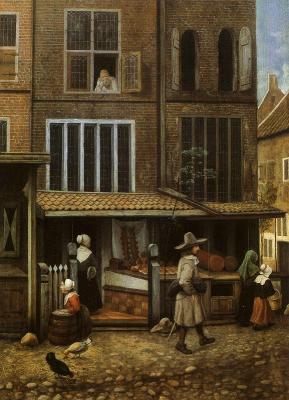Imagen de una calle en los Paises Bajos del siglo XVII, con diversos transeuntes. Una mujer
 aparece detenida cercana al mostrador situado bajo techado de una pastelera, donde se exponen a la
 vista diversos productos de bollería