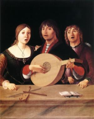 Pintura titulada Concierto, por Lorenzo Costa. En ella aparecen dos hombres y una mujer cantando,
        acompañándose por la música de un laud que toca el personaje central