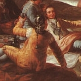 Detalle de pintura goyesca mostrando hombre con redecilla en el pelo
