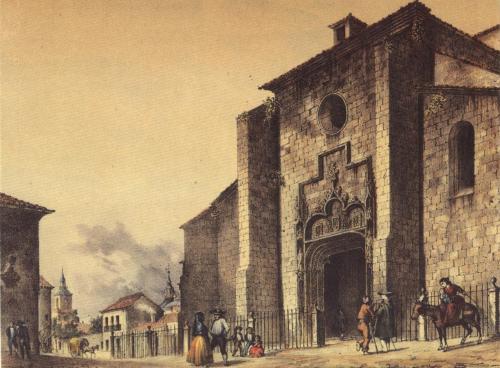 Grabado romántico dibujado por Parcerisa, 
 mostrando el exterior de la iglesia Magistral de Alcalá de Henares en el siglo XIX,
 con la presencia de numerosas figuras con atuendo típico de la época