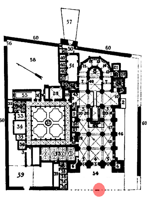 Plano de la catedral en el cual el lugar de prendimiento se ha resaltado, estando situado en la verja del atrio, frente a la puerta principal de la catedral