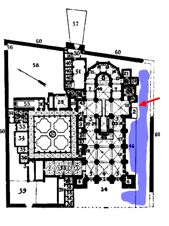 Plano del a Catedral donde se resaltan las zonas ocupadas por antiguos cementerios y el lugar de prendimiento de Pedro Castillejo, frente a la actual Torre del Gallo