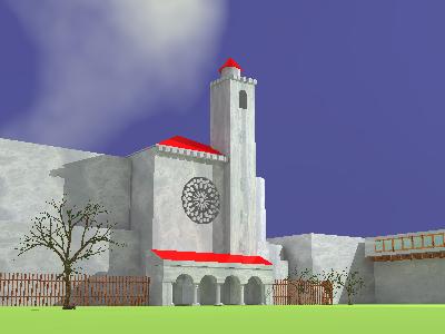Recreación virtual del pórtico existente en la fachada sur de la catedral antes de la 
      construcción del cierre neoclásico. A ambos lados del pórtico se extiende la verja mencionada
      en los textos