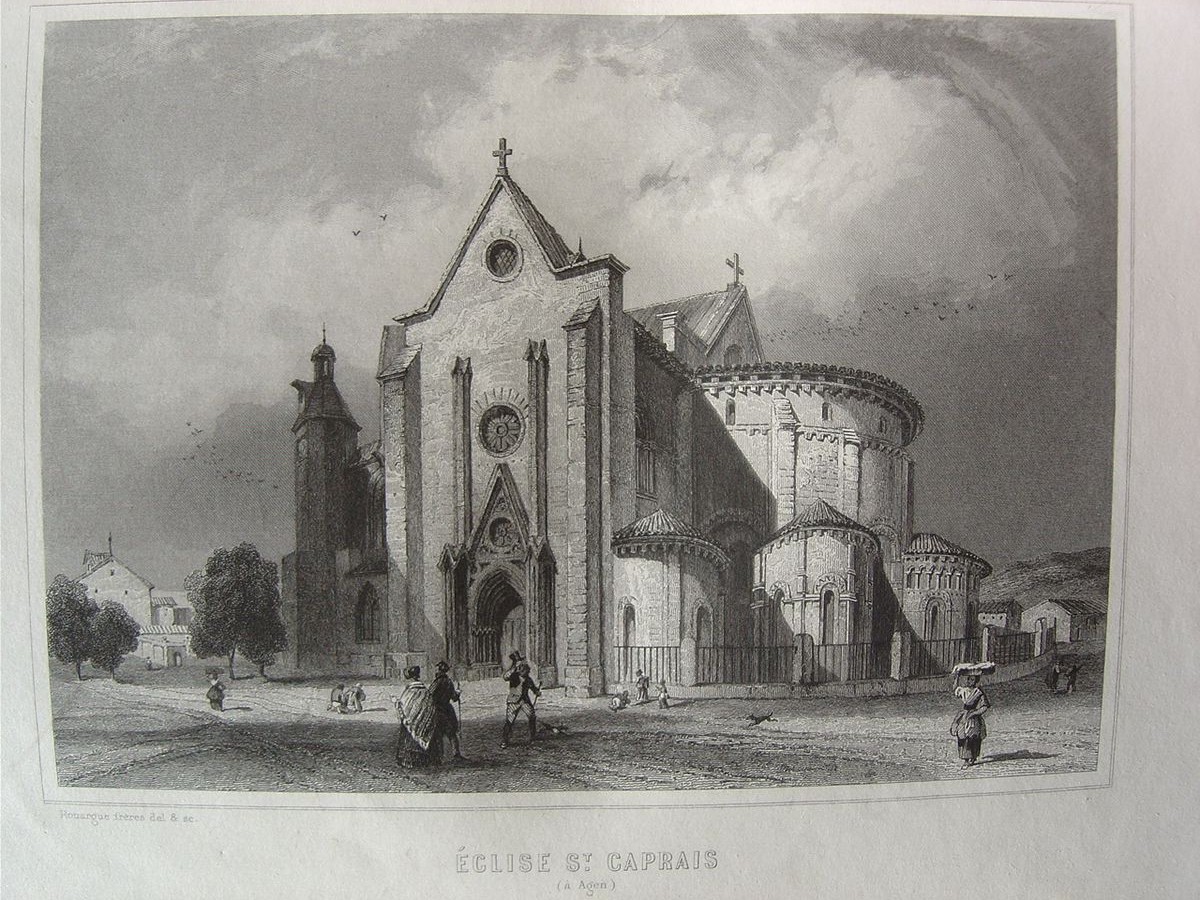 Grabado de 1850 en la que se muestra el aspecto que tenía entonces la catedral de San Capracio, antes de una serie de obras de restauración