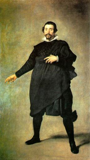 Pintura velazqueña representando al bufón Pablo de Valladolid, en pose declamatoria. Viste de negro, con una sencilla gola de color blanco