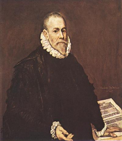 Retrato de un doctor por El Greco. Viste gola y traje negro riguroso; apoya la mano izquierda en un libro impreso que se encuentra abierto