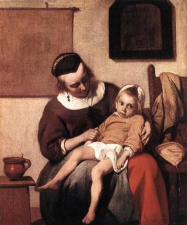 Lienzo en el cual se representa una mujer que tiene en sus manos un niño con síntomas de encontrarse enfermo