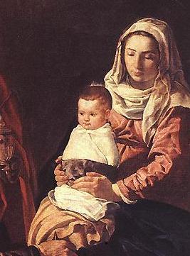 Magistral lienzo de Velázquez de Virgen con Niño, el cual está completamente fajado, mostrando únicamente la cabeza