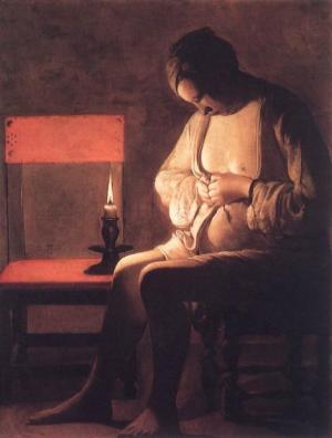 Cuadro de Georges de la Tour que muestra a una mujer semidesnuda buscando pulgas, como muestra de la miseria