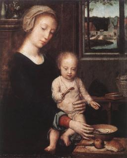 Pintura sobre tabla de escuela flamenca en la cual la Virgen sostiene al Niño en sus brazos mientras le da de comer una papilla que tiene en un plato sobre una pequea mesa. En la misma mesa están depositados un cuchillo, una manzana y un trozo de pan. El niño juega con una cucharilla.