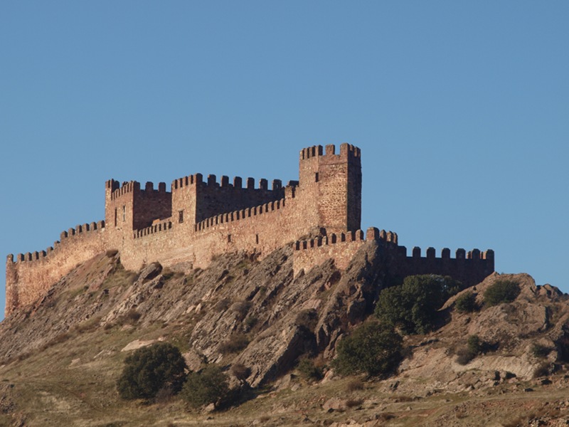 Vista del castillo de La Riba de Santiuste en su cara este, consistente en un frente de muralla con torres pequeñas en sus extremos y dos gruesas torres rectangulares que jalonan su tramo intermedio