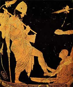 Decoración de una vasija griega en la cual Ulises aparece disfrazado de peregrino