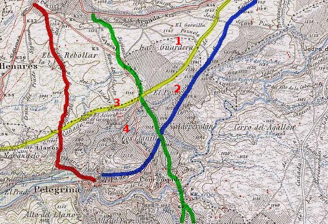 Un plano topográfico de 1826 donde se han resaltado los antiguos caminos, hoy en desuso. La ermita de la Guardera estaba situada a la vera del antiguo camino que conducía desde Barbatona tanto a Pelegrina como a Torremocha