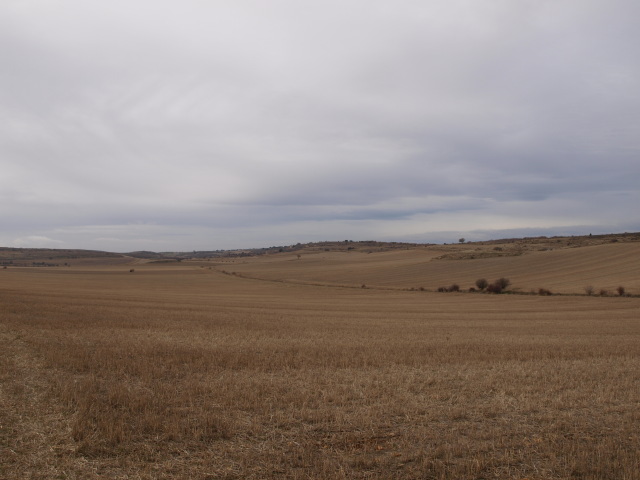 Vista del valle desde su cabecera, destacando los rastrojos de cultivos y una franja de color verde que es la acequia que discurre por el centro del mismo