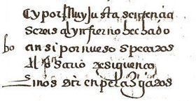 Fragmento de manuscrito conservado en la Biblioteca Nacional de Madrid, que contiene la Farsa del Sacramento, obra del siglo XVI