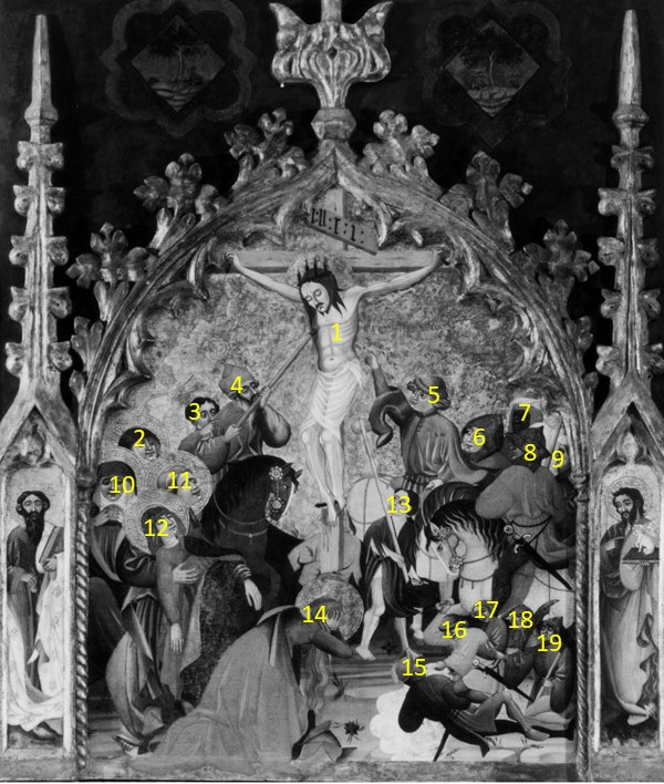 Comparación de dos escenas de la crucifixión realizadas por Juan de Sevilla, la izquierda más sencilla (únicamente se representa a Cristo crucificado) mientras que en de la derecha apenas caben las figuras por lo abigarrado de la composición