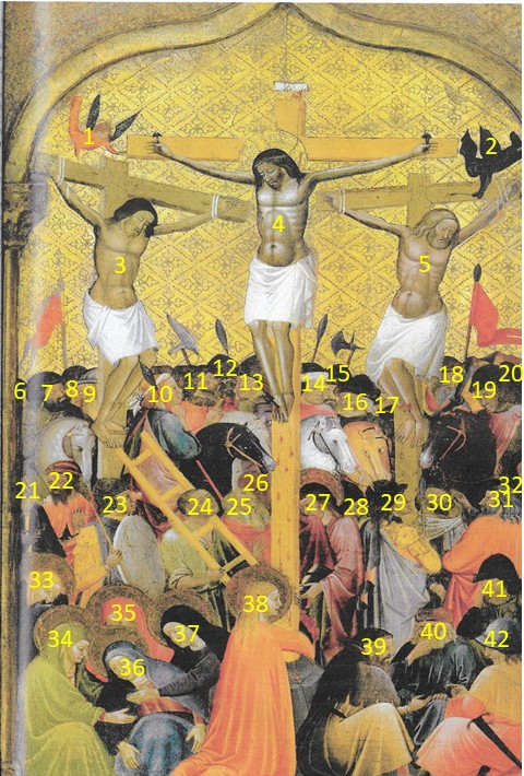 Comparación de dos escenas de la crucifixión realizadas por Juan de Sevilla, la izquierda más sencilla (únicamente se representa a Cristo crucificado) mientras que en de la derecha apenas caben las figuras por lo abigarrado de la composición