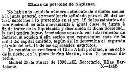 Recorte de prensa en la que aparece la convocatoria para la disolución de la sociedad en el año 1890