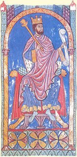Miniatura en el que aparece el rey Alfonso VII representado en vivos colores, joven y barbado, sentado sobre el trono, con báculo en la mano