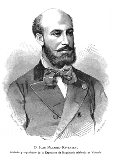 Juan Navarro Reverter en 1880, representado calvo, con barba y gesto enérgico
