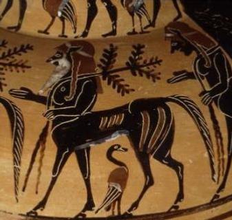 Centauro representado en vaso griego, con poblada barba y desarmado