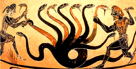 Ilustración de vaso griego en la que Hércules y Yolao combaten con la Hidra, representada ésta como una serpiente con nueve cabezas