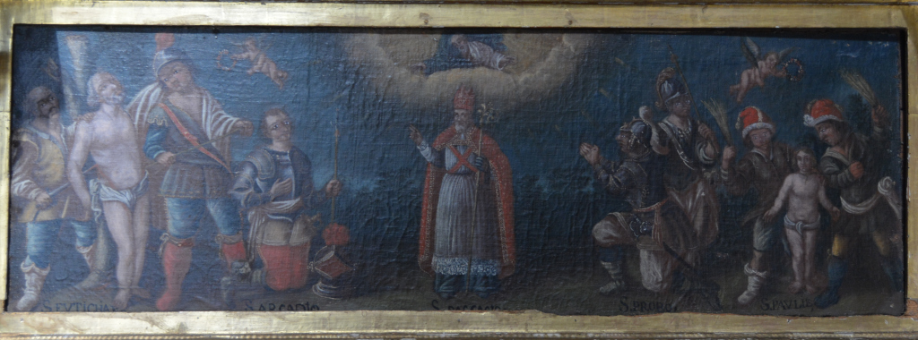 Lienzo en el que aparecen representados cuatro individuos sometidos a martirio, mientras que un quinto vestido de obispo ocupa la parte central de la composición