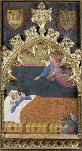 Un obispo despierta sobresaltado al aparecérsele durante el sueño San Miguel Arcángel en una visión. Dos sirvientes se encuentran a los pies de la cama