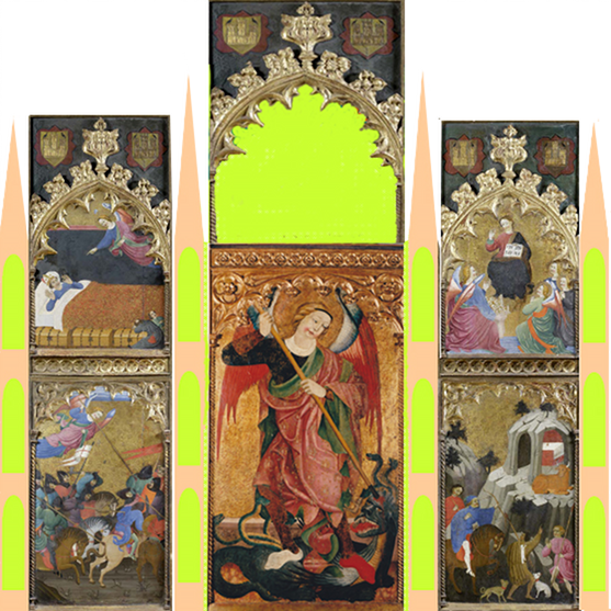 El retablo original, a falta de la Crucifixión que lo coronaría, las figuras de santos en los intercolumnios, predela y guardapolvo