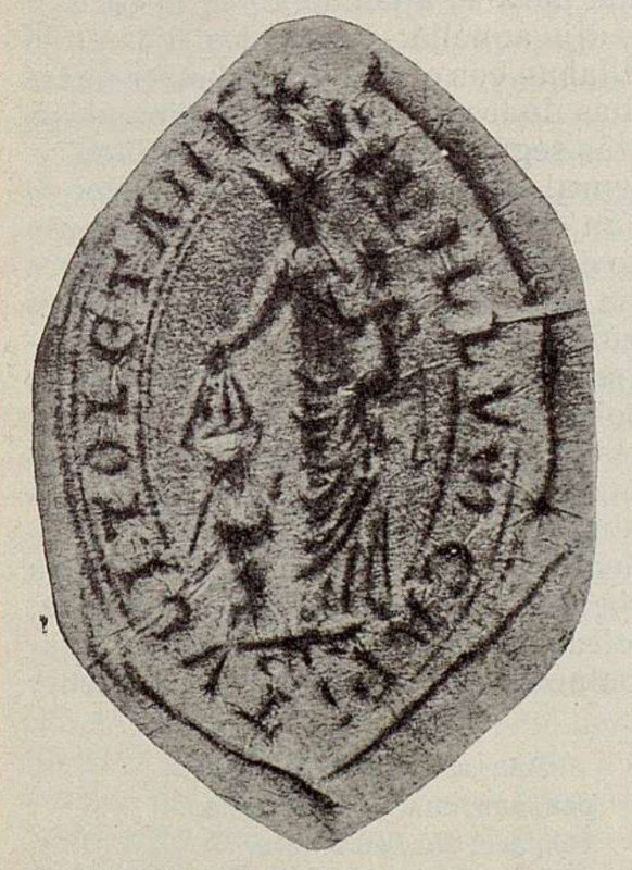 Impronta de forma almendrada en la cual aparecen unas figuras centrales circundadas por una leyenda escrita