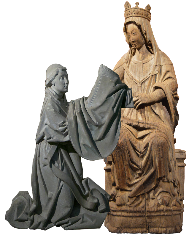 San Ildefonso arrodillado recibe la casulla de parte de la Virgen María, sentada en un trono y coronada