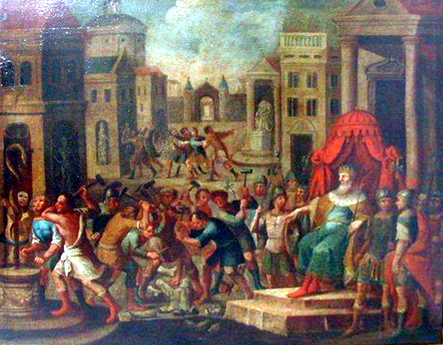 Cuadro barroco en que se representa al rey Ezequías presenciando la destrucción de ídolos, uno de ellos la Serpiente de Bronce de Moisés