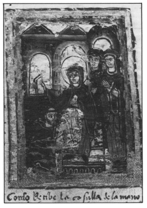 Ildefonso, con atuendo de obispo, recibe arrodillado la casulla que la Virgen, la cual est sentada con otras figuras femeninas tras ella. La Virgen sostiene un libro en alto con su mano derecha