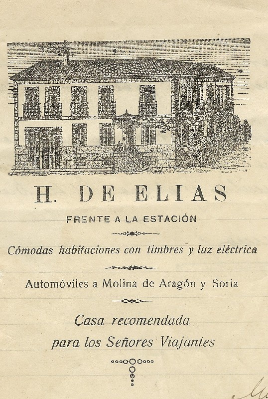 El membrete del Hostal Elías en 1922. Añade el texto de Automóviles a Molina de Aragón y Soria